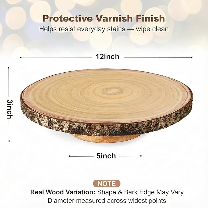Relaxing Garden Customizable 12 Inch Rustic Wood Cake Stand Set with Bark Edge, Cake Knife & Server + Blank Wood Slice Topper — Cake Display for Weddings, Birthdays, Showers & Holiday Celebrations
