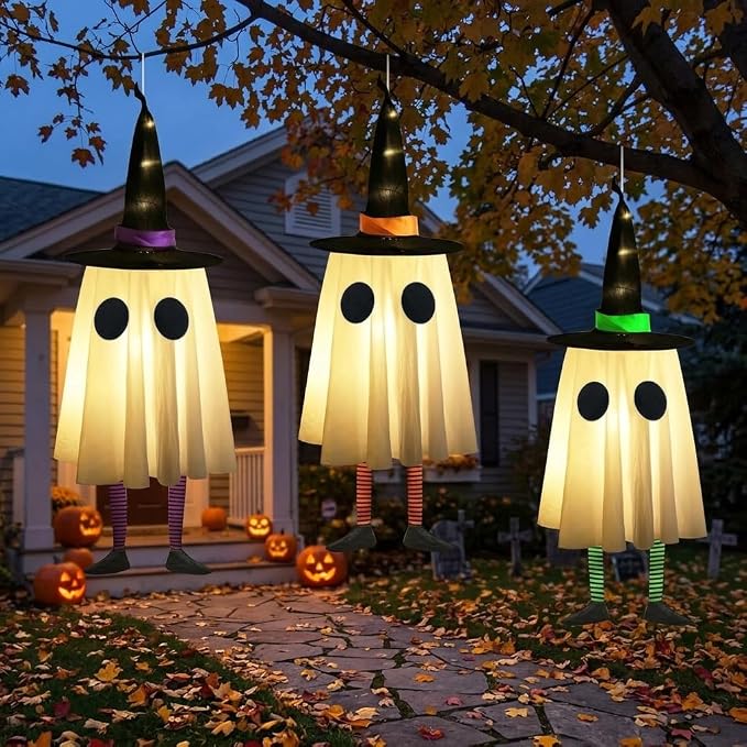Halloween Hanging Ghosts, Halloween Ghost Decor with Witch Hat for Outdoor | Set of 3, Unique Ghost & Witch Fusion Design, Indoor and Outdoor Use, Cute and Spooky Design, Soft Lightweight Fabric