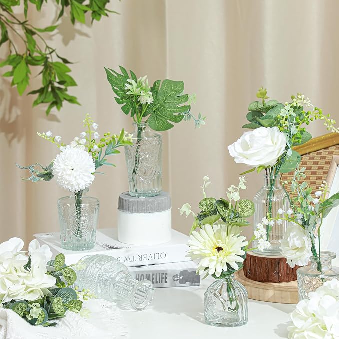 FoldTier 108 Pcs Artificial Flowers in Vase 96 Pcs Faux Greenery Stem Table Centerpiece Fake Plants Silk Roses Arrangement 12 Pcs Glass Vase Sets for Wedding Bathroom Home Dining Decor(Clear)