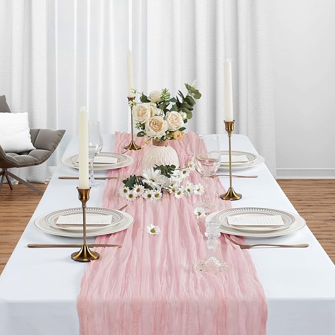 12 Pack Dusty Pink Table Runner Cheesecloth 10Ft Spring Gauze Cheese Cloth Table Runner 35x120 Inch Boho Sheer Rustic Fabric for Holiday Party Decor Baby Shower Wedding Decorations