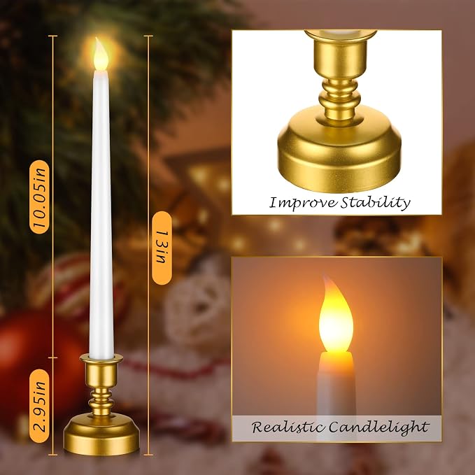 Fumete 16 Pcs Flameless Candles with Gold Base Battery Powered Taper White Candles Battery Operated LED Candlesticks for Party Home Dinner Decorations