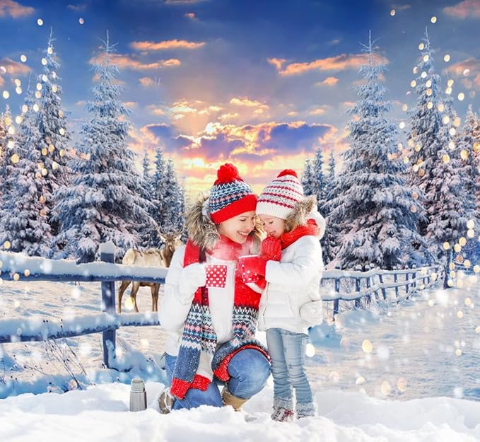 Winter Wonderland Christmas Backdrop 10x8ft for Photography Forest Reindeer Snow Winter Scene Backdrop for Pictures Christmas Party Holiday Background Decorations Photo Booth