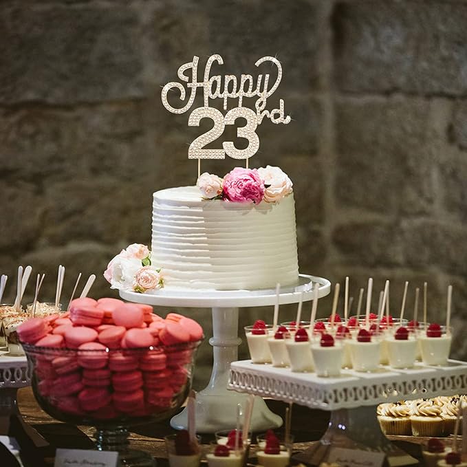 LINGTEER Happy 23rd Birthday Gold Rhinestone Cake Topper - Cheers to 23rd Birthday 23 Years Old Party Cake Centerpieces Topper Decorations Gift Sign.