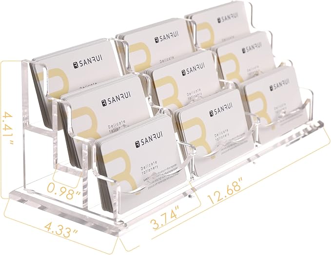 SANRUI Clear Horizontal Business Card Holder Stand for Desk, Acrylic Desktop Display Name Cards Holders Organizer Storage Rack,for Exhibition, Home, Office,3 Tier 9 Pocket, 540 Card Capacity