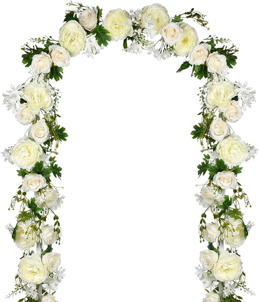 2 Pakc Artificial Peony Garland, 12ft Floral Greenery Garland with Mixed Peony Flowers and Green Leaves for Wedding Dining Table Home Party Decor (2, White)