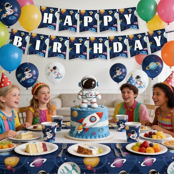 Outer Space Birthday Party Supplies Serve 20 Space Party Tableware Set, Happy Birthday Banner Tablecloth Paper Plates Cups Napkins Knives Forks Spoons for for Astronaut Theme Party Supplies