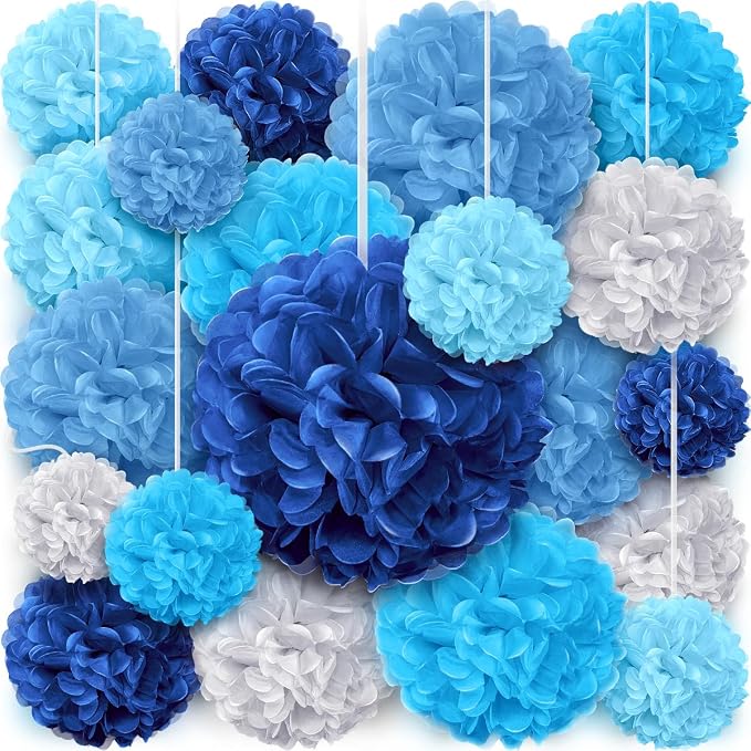 Tissue Paper Pom Poms - Blue Party Decorations for Birthdays, Weddings, Baby Showers and Special Occasions (20pcs, Blue Navy Assortment, Assorted Sizes)