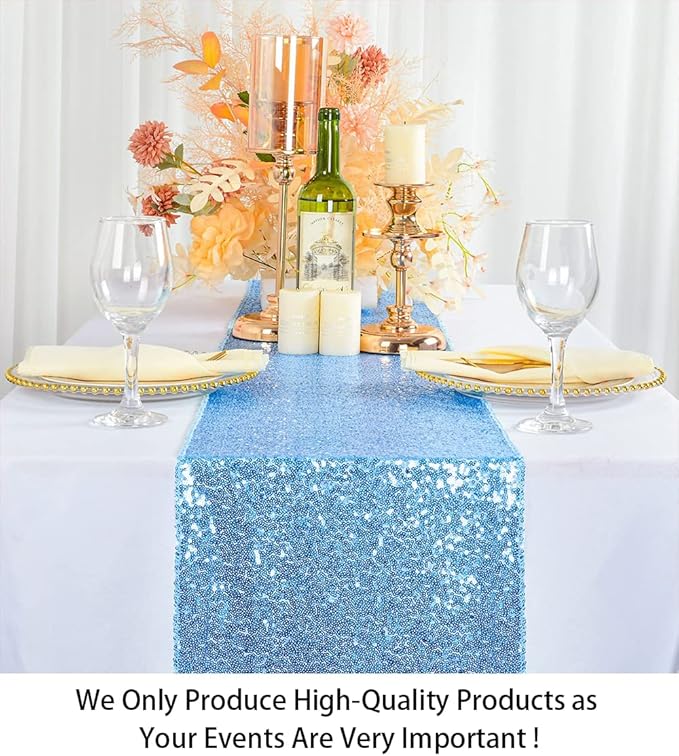 ShinyBeauty Sequin Table Runner 12" x 108" Baby Blue Sequin Table Cloth Runner Glitter Table Runner for Parties Sparkly Table Cover Blue Baby Shower Table Runner Wedding Table Runner