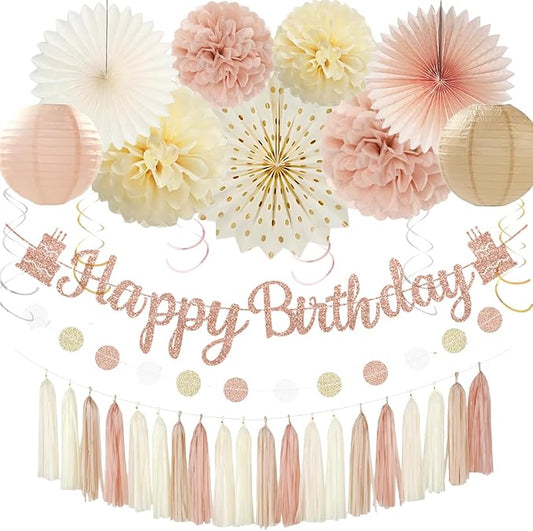 Champagne Gold Beige Birthday Party Decorations, Happy Birthday Banner, Paper Pompoms, Lanterns, Fans, Hanging Swirls, Circle Dots Garland Tassel Garland for Birthdays Party Decorations 37pcs