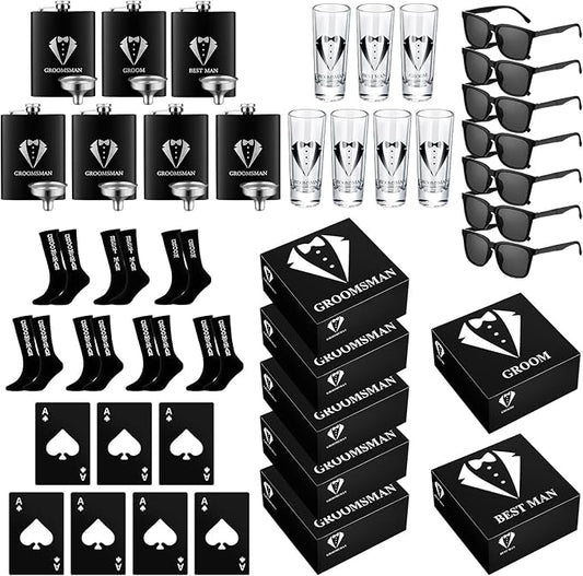 Leumoi 42 Pcs Groomsmen Gifts Box Set Groomsmen Box Stainless Steel Flask Shot Glasses Beer Bottle Poker Card Opener Sunglasses Socks Proposal Gift for Wedding Party