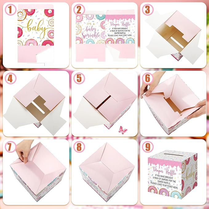 Teling 51 Pieces Diaper Raffle Tickets with Card Box Baby Shower Decorations Baby Shower Holder Box for Girl Boy Diaper Raffle Party(Donut Infant Sprinkle Decorations)
