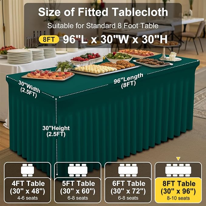 Smiry Spandex Tablecloth, Elastic Fitted Stretch Tablecloth for 8FT Rectangle Tables, Waterproof Washable Table Cover Skirt for Outdoor, Wedding, Banquet & Parties (Blackish Green, 96Lx30Wx30H Inch)