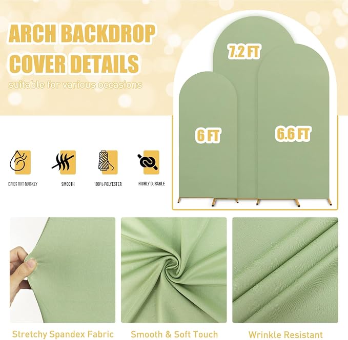 FUHSY Spandex Arch Cover Set 7.2FT, 6.6FT, 6FT Wedding Arch Backdrop Stand Cover Arch Covers Stretchy Backdrop Set of 3 Chiara Backdrop Stands Cover for Ceremony Baby Shower Sage Green Party Decor