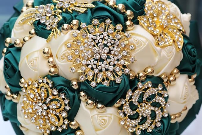 Emerald Green and Ivory Gold Brooch Wedding Bridal Bouquet for Bride Bridesmaid Quinceanera with Bling Rhinestone Pearl Satin Rose Flower Bouquet Wedding Emerald Green and Ivory 8.3in