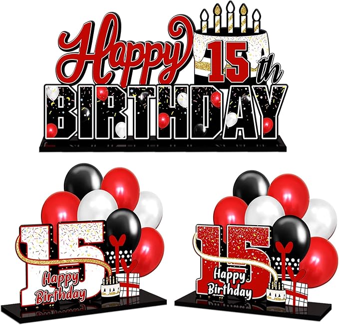LINGTEER Happy 15th Birthday Red Acrylic Table Topper Centerpieces Set - Cheers to Fifteen Years Old Birthday 15th Bday Party Gift Decorations.