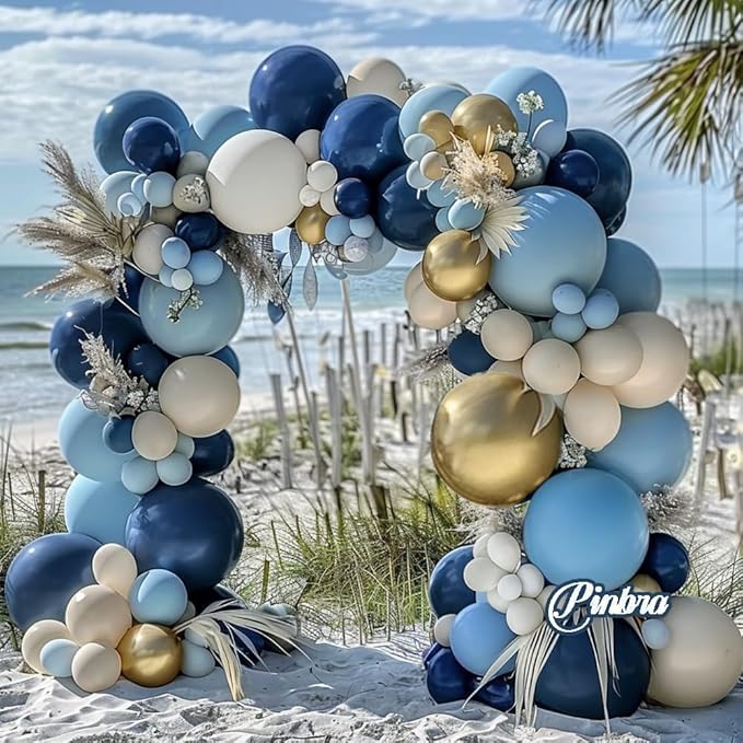 Navy Blue Balloon Garland Double Stuffed Dusty Blue Gold White Sand Balloons Beige Cream Metallic Latex Arch Kit for Neutral Baby Shower Birthday Gender Reveal Father's Day Graduation Party Decoration