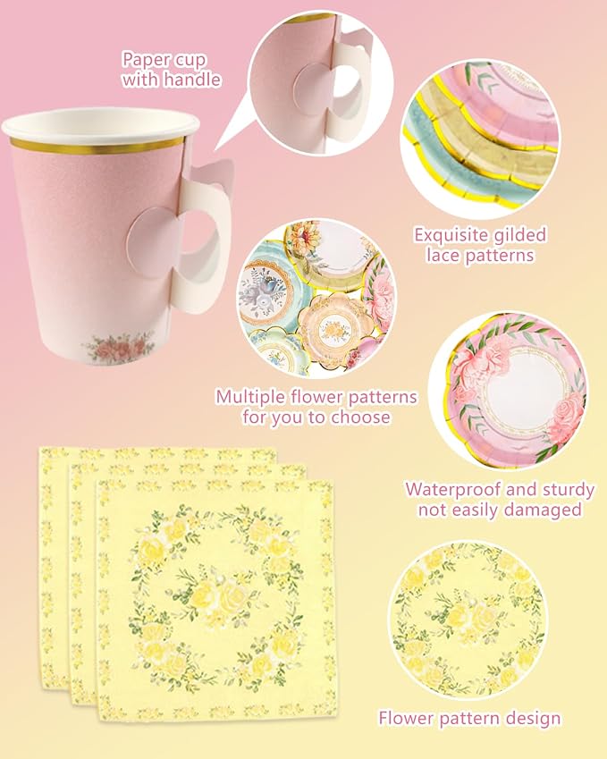 24 Sets Vintage Floral Paper Tea Cups and Saucers Disposable Tea Party Supplies, Teacup with Handle, 9'' ＆ 7'' Plate, Napkin, Afternoon Tea Party Decorations for Birthday, Baby Shower, Mother's Day