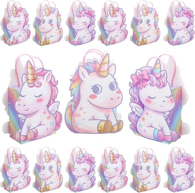 Tosstuki 12 Pcs Unicorn Birthday Party Favor Bags 3D Paper Cute Rainbow Horse Gift Treat Bags with Handle Kraft Paper Decorations for Unicorn Themed Party Candy Treats, Events Decorations & Supplies