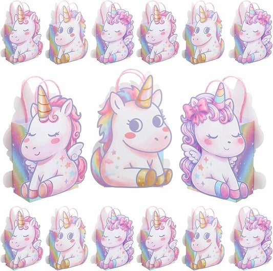 Tosstuki 12 Pcs Unicorn Birthday Party Favor Bags 3D Paper Cute Rainbow Horse Gift Treat Bags with Handle Kraft Paper Decorations for Unicorn Themed Party Candy Treats, Events Decorations & Supplies