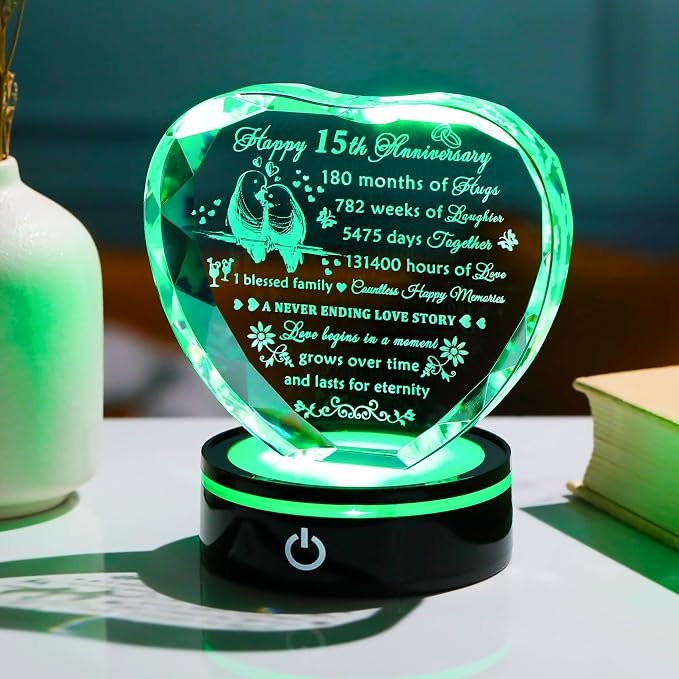 YWHL 15th Wedding Anniversary Crystal Heart Keepsake Gift for Couples with LED Base, Laser Engraved Happy 15th for Wife Husband, Romantic 15 Years of Marriage Gift for Her Him