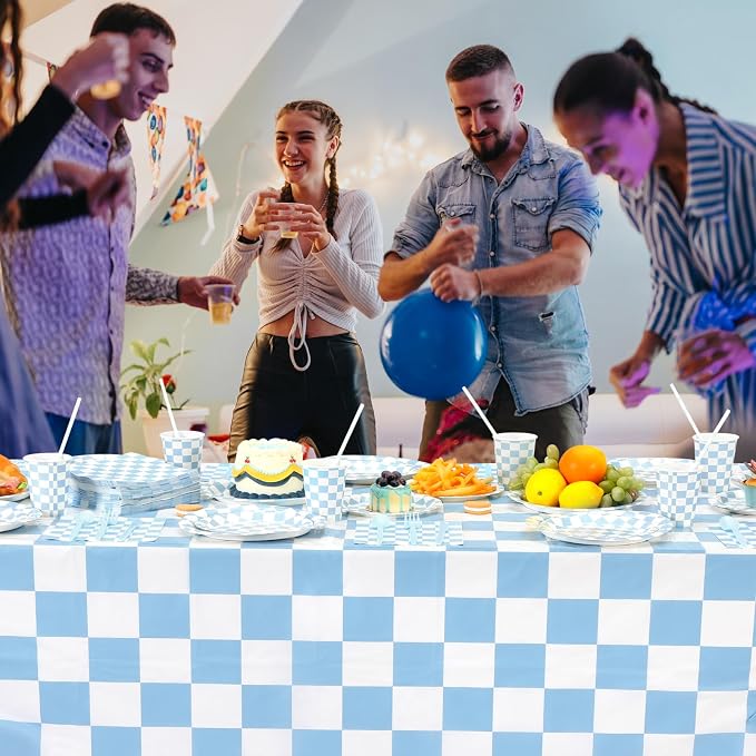 Funnymoom 452 Pcs Light Blue and White Gingham Party Supplies for 50, Blue Checkered Gingham Paper Plates Napkins Cups Tablecloth Cutlery Straws for Baby Shower Picnic Camping Birthday Decoration