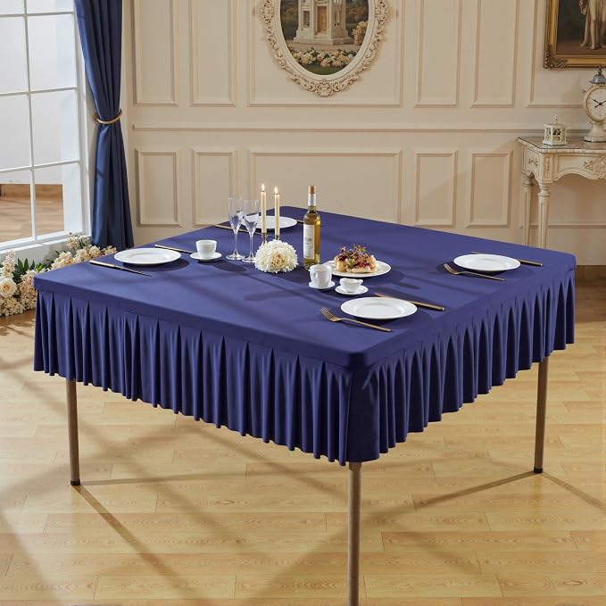 48x48 Inch Navy Blue Spandex Square Tablecloth,Wrinkle Free Navy Blue Fitted Table Cloth for Square Tables,Washable Pleated Table Cover for Wedding Birthday Cocktail Party Buffet Dinner Camping