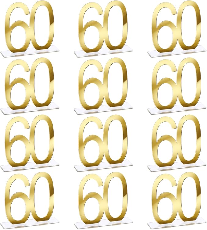Threehoney 12 Pcs Mirror Gold 60th Birthday Decorations for Men and Women Acrylic Anniversary Decorations Table Numbers Centerpieces for Birthday Party