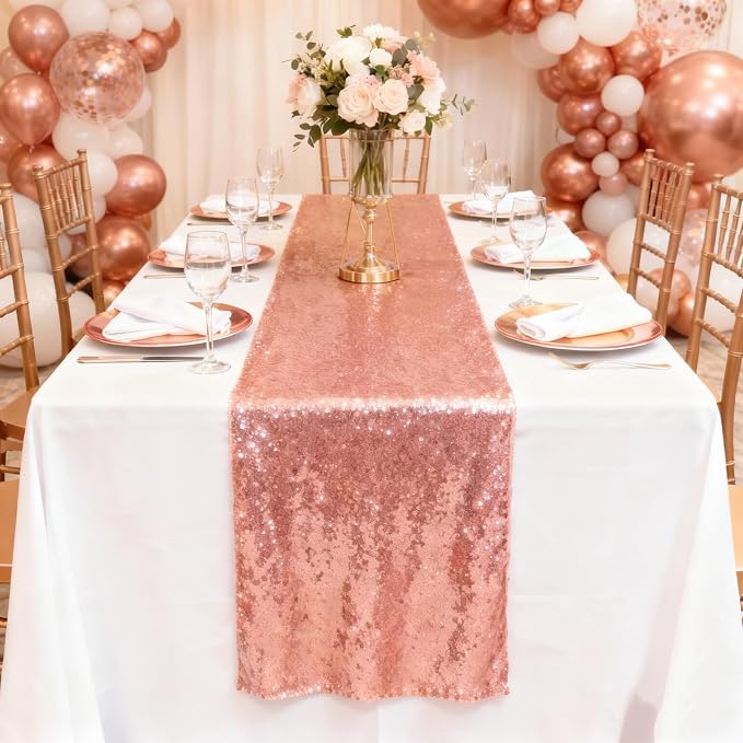12x108 inch Rose Gold Sequin Table Runner Sparkly Glitter Table Linens 6 Packs for Party Decorations Wedding Birthday Baby Shower Engagement Anniversary
