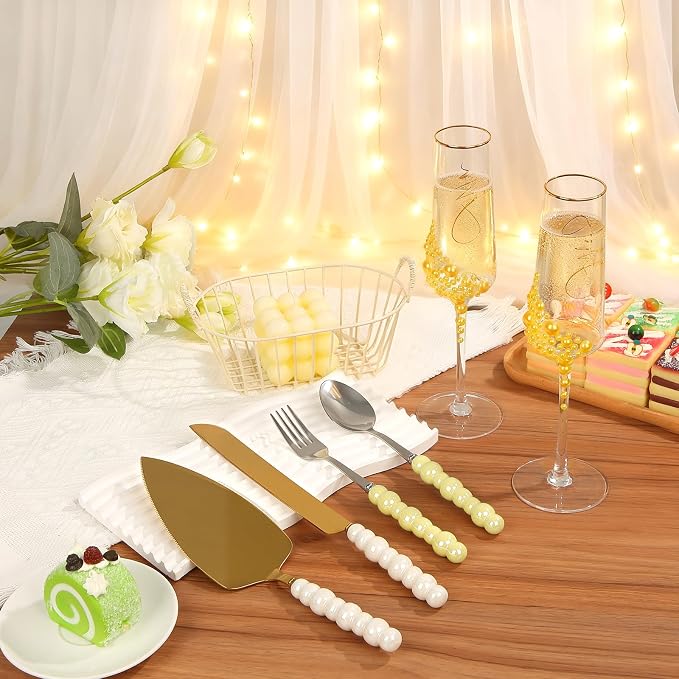 8 PCS Wedding Cake Knife and Champagne Flutes Server Set, Mr and Mrs Champagne Flutes with 2 Forks and Spoons, Bride and Groom Champagne Glasses for Wedding, Engaggement and Bridal Shower Gifts
