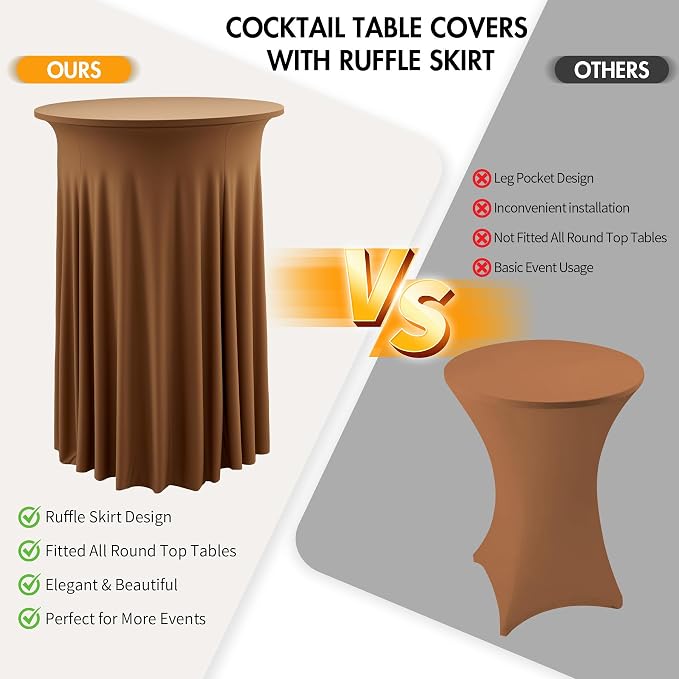2 pk Brown Cocktail Table Cloth Round 32×43in-High Top Highboy Bar Coffee Cocktail Tablecloths-Wrinkle Free Stretchy Fitted Spandex Table Covers with Ruffle Desk Skirt for Wedding Banquet Party Tables