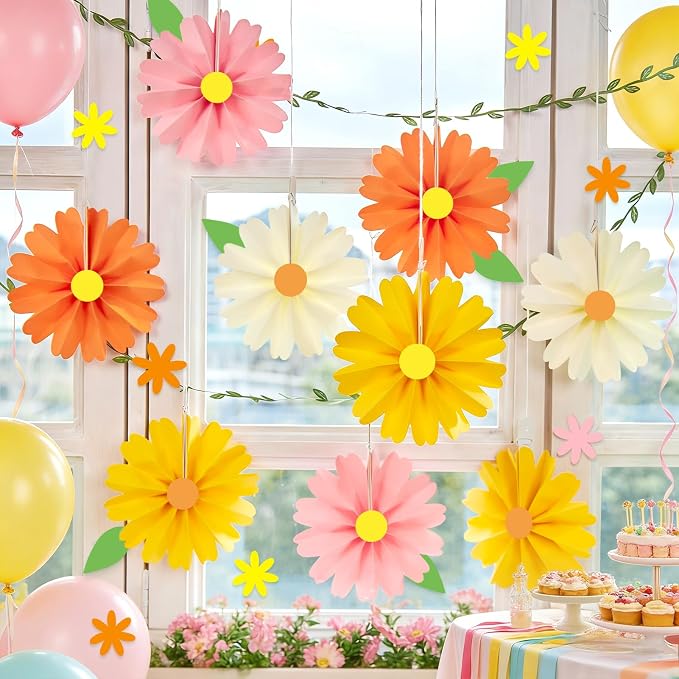 SUNBEAUTY 15Pcs Daisy Paper Fans Party Decorations for Wall, Reusable Pink and Orange Paper FlowersSpring Summer Mini Fan Hanging Paper Floral Decor for Girls Women Birthday Party Backdrop - 6inch