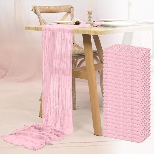 24 Pack Pink Cheesecloth Table Runner 10FT Light Pink Boho Gauze Cheese Cloth Table Runner Rustic Sheer Fabric Table Runners for Wedding Bridal Shower Baby Shower Party(21.5×120 Inch)