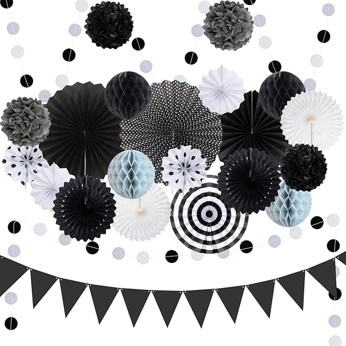 Black Gray Party Decoration,23Pcs Hanging Paper Fans, Pom Poms Flowers, Garland String Polka Dot and Triangle Bunting Flag Packs for Boy Birthday, Bridal Shower, Baby Boy Showers, Wedding, Graduation