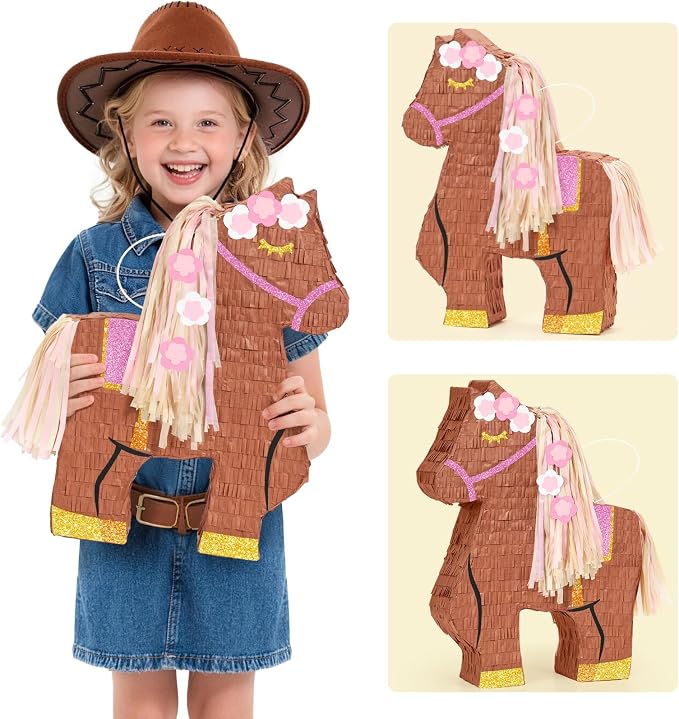 WERNNSAI Horse Piñata - Cowgirl Birthday Party Decorations Pink Brown Horse Piñata with Blindfold and Bat Western Cowgirl Party Favors for Kids Boys Classroom Activities Kentucky Derby Games