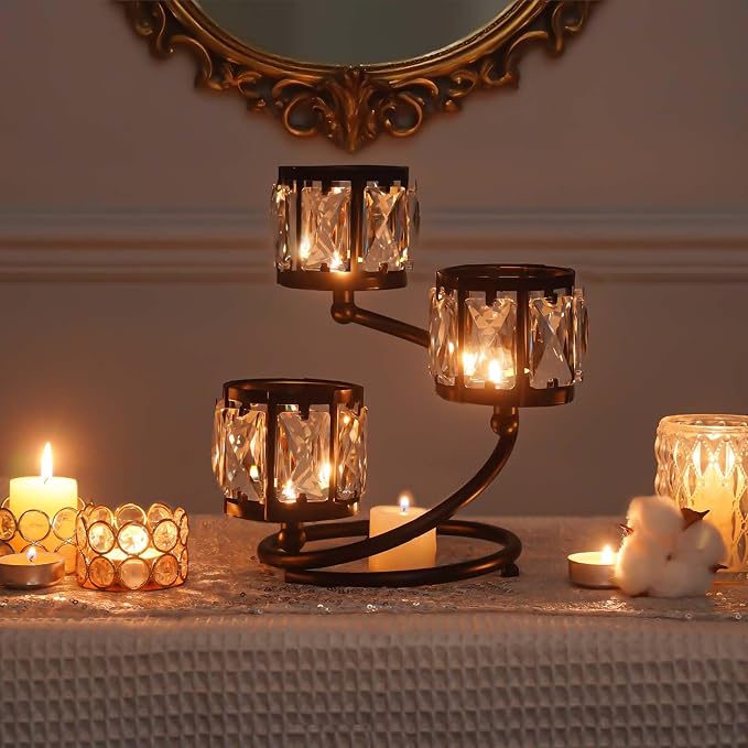 Metal 3 Arm Crystal Candle Holder - Tea Light Centerpiece Candle Holder, Votive Holder with Sparkling Crystal Bowl, Suitable for Wedding, Table Centerpiece, Home Decor (2, 3 arm-Black)