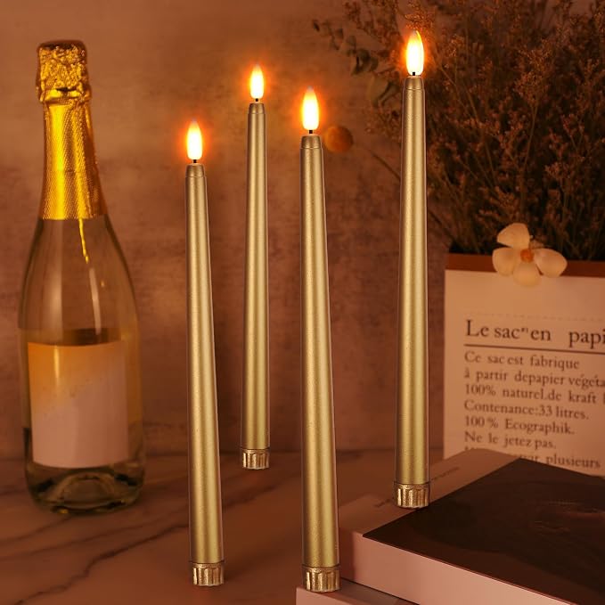 Macarrie 24 Packs Flameless Taper Candles Battery Operated Fake 11 Inch Long Candlelight LED Flameless Candlesticks Flickering Tapered for Summer Fall Wedding(Gold)