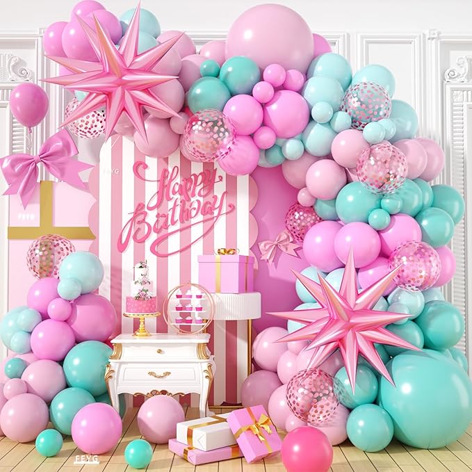 Pink and Teal Blue Balloon Arch Garland Kit, Pastel Pink Teal Blue Turquoise Latex Party Balloons with Star Confetti Balloon for Birthday Wedding Baby Shower Anniversary Party Supplies