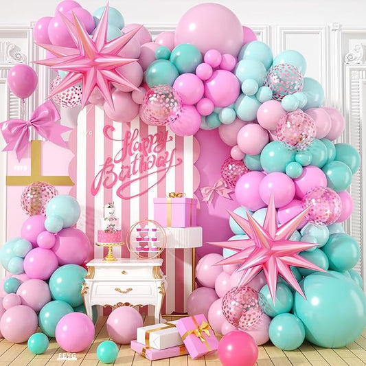 Pink and Teal Blue Balloon Arch Garland Kit, Pastel Pink Teal Blue Turquoise Latex Party Balloons with Star Confetti Balloon for Birthday Wedding Baby Shower Anniversary Party Supplies