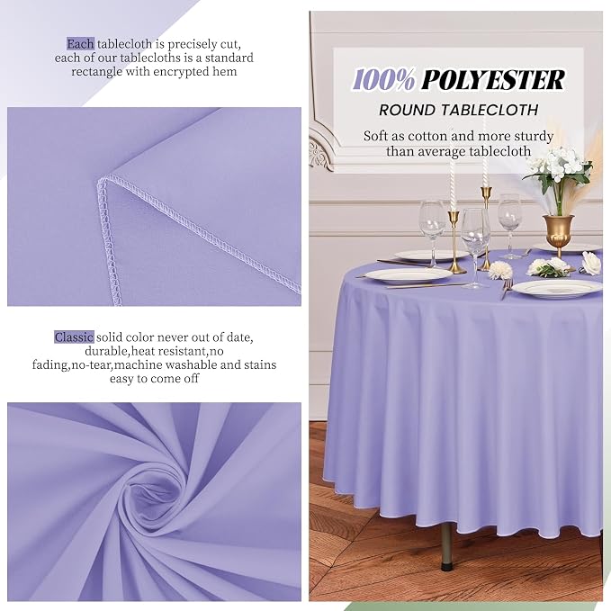 Pesonlook 12 Pack Lavender Round Tablecloth-120 Inch Lavender Table Cloth Polyester Round Table Cover Washable Fabric Table Cover for Wedding/Party/Banquet/Dining/Buffet Table(Lavender/120 Inch)