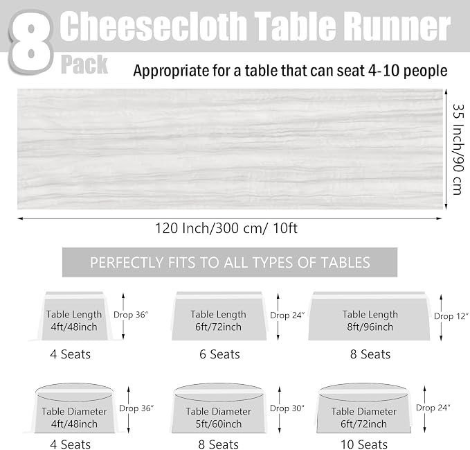 8 Pack White Cheesecloth Table Runner 35x120 Inches Boho Gauze Rustic Valentine's Day Cheese Cloth Runners 10ft Long Romantic Sheer Table Runner for Wedding Bridal Shower Party Table Decor