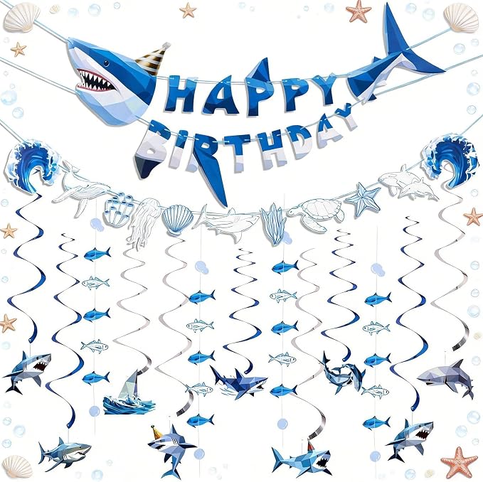 SUNBEAUTY Shark Birthday Party Decorations Shark Birthday Banner Ocean Theme Party Decoration Under The Sea Shark Garland Blue Ocean Swirls Hanging Wall Decor for Boys Baby Shower Beach Summer Party