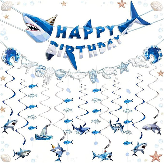 SUNBEAUTY Shark Birthday Party Decorations Shark Birthday Banner Ocean Theme Party Decoration Under The Sea Shark Garland Blue Ocean Swirls Hanging Wall Decor for Boys Baby Shower Beach Summer Party