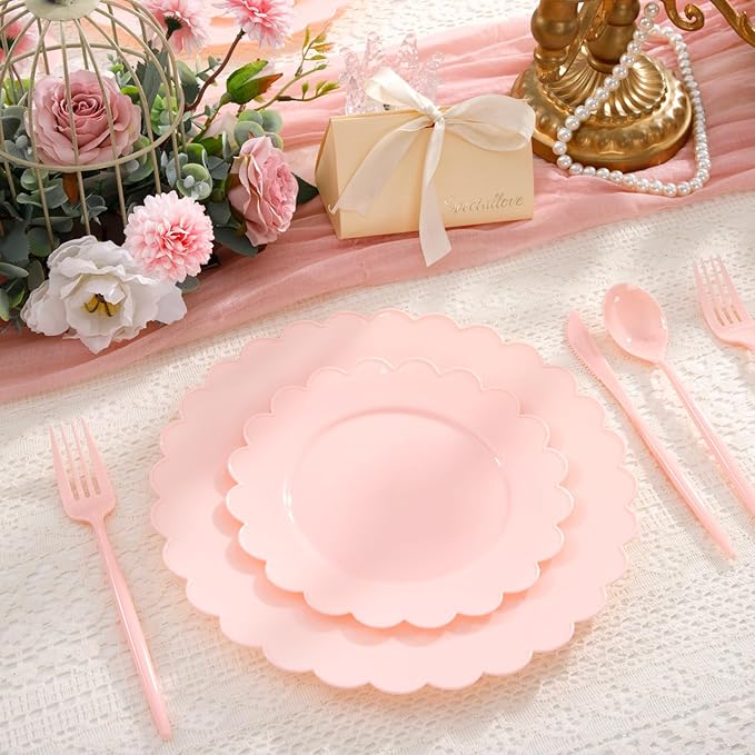 WONDERFUL 150 Pcs Pink Plastic Plates Disposable Plastic Dinnerware Set Pink Plate and Silverware Set Disposable Plates for Party Wedding & Bridal Shower Party Mothers Day Decor 30 Guests