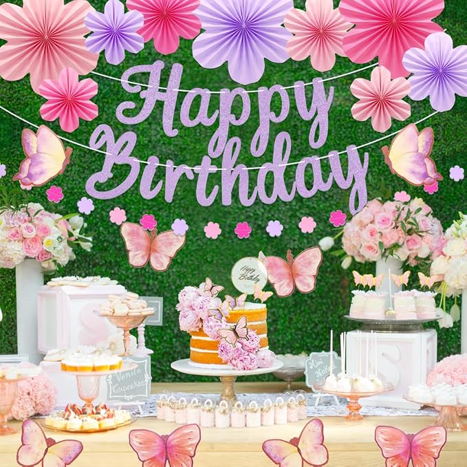 Butterfly Birthday Decorations Party Supplies with Pre-strung Happy Birthday Banner,Flower Garland,Cake Cupcake Toppers Stickers,Hanging Swirls, Paper Fan Spring-themed Decor Pack for Women Girls