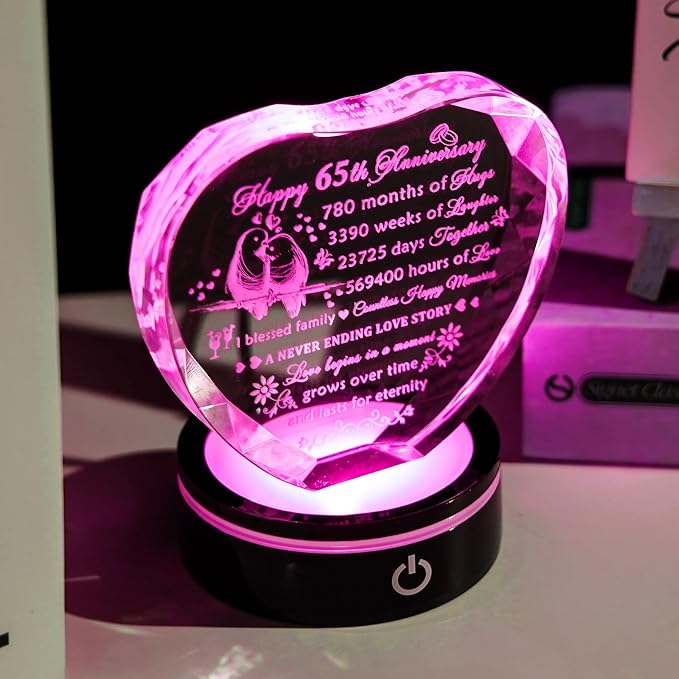 YWHL 65th Wedding Anniversary Crystal Heart Gifts for Parents Couples with LED Base Laser Engraved Happy 65 Years Anniversary Keepsake Gift for Husband Wife 65 Years of Marriage Gifts for Her Him
