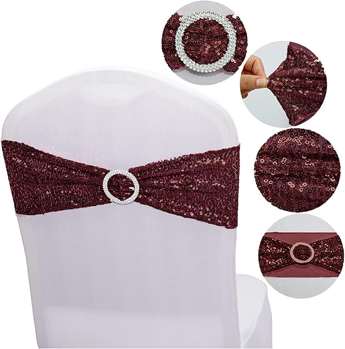 Dimatic 25 PCS Stretch Sequin Chair Sashes Chair Stretchy Spandex Bands for Wedding Reception Events Banquets Chairs Decoration (Burgundy)