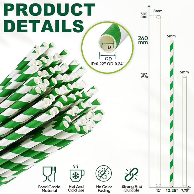 Eco-friendly 10.25 Inch Long Disposable Paper Drinking Straws 6mm Wide [100 Pack] - Green/White Striped
