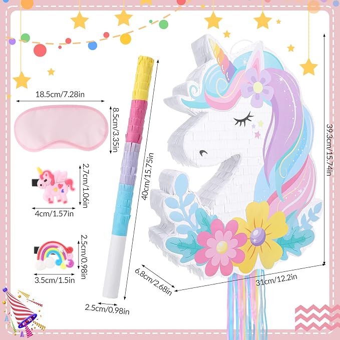 Unicorn Piñata - Unicorn Party Supplies Piñata Bundle with Hair Clip Blindfold and Bat, Pull String Pinata for Birthday Favors Decorations Supplies (16x12x3 Inches)
