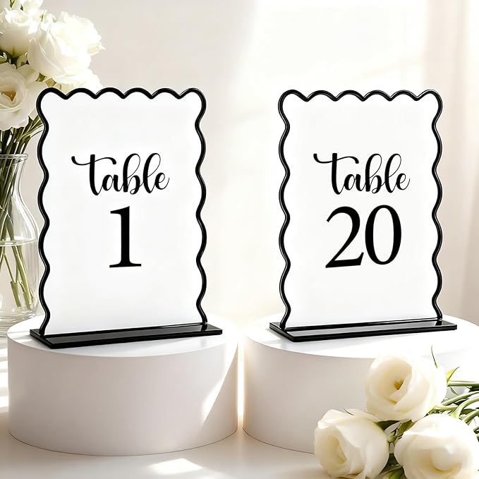 Black and White Wave Acrylic Table Number 1-20 with 20Pcs Stands, 5"x7" Table Centerpiece Decor for Indoor Outdoor Birthday Baby Shower Wedding Bridal Shower Anniversary Party Reception