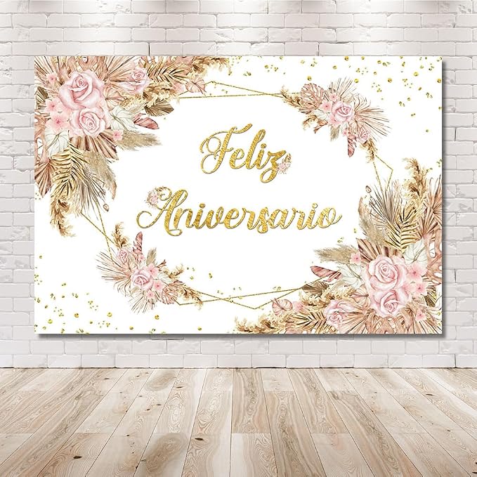 MEHOFOND 7x5ft Boho Feliz Aniversario Backdrop Mr and Mrs Engagement Banner Bohemia Happy Anniversary Wedding Valentines Decorations Blush Pink Floral Photography Background Studio Props